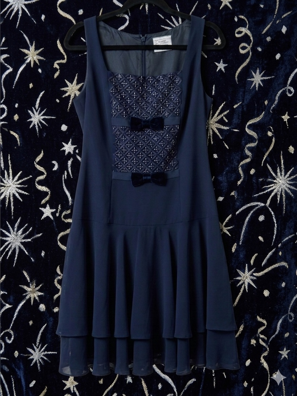 Vintage Dusk by Frank Usher Navy Blue Sequin Rhinestone Cocktail Dress